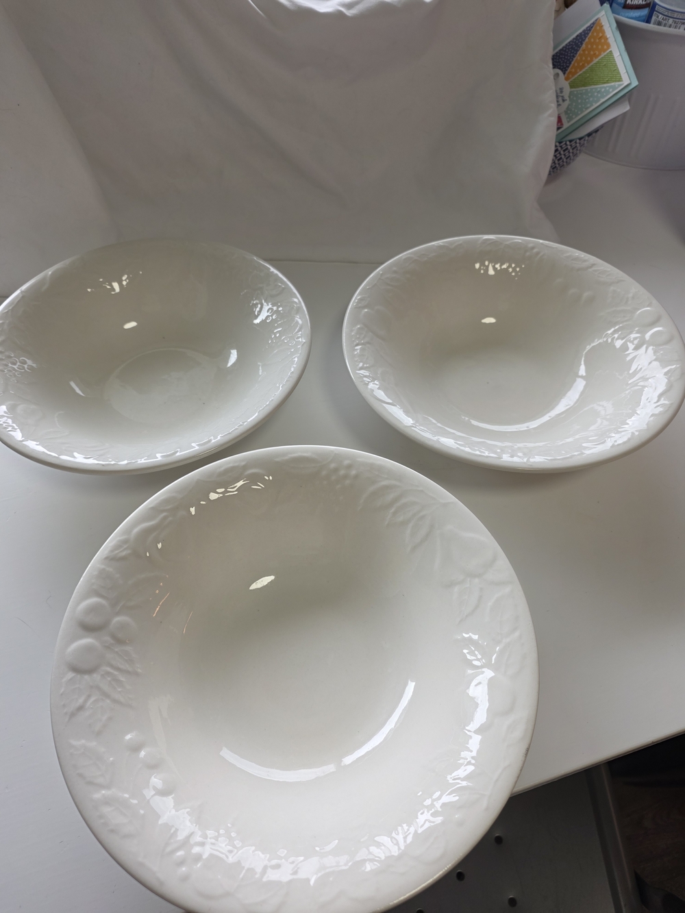 3 Vintage White Ceramic Fruit Embossed Serving Bowl
